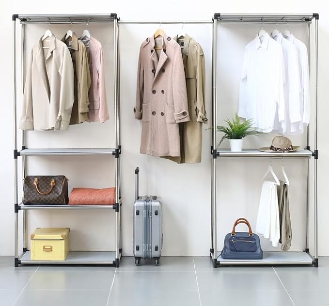 Letusto Premium Stainless Steel Freestanding Closet Organizer System - Easy Assembly, Durable, and Versatile - Heavy Duty Adjustable Portable Wardrobe Clothing Rack (Set B)