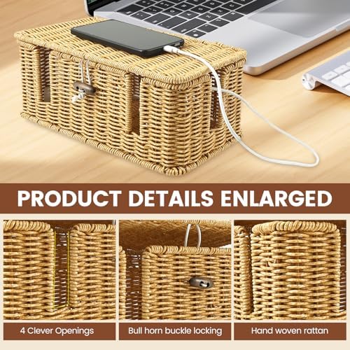 Handmade Cable Management Box, Imitation Rattan Cord Organizer Box with 2 Open Slots, Cable Organizer for Desk to Hide P
