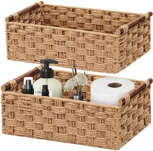 Vagusicc Wicker Storage Basket, Set of 2 Hand-Woven Paper Rope Wicker Basket for Organizing with Handle Decorative Stora