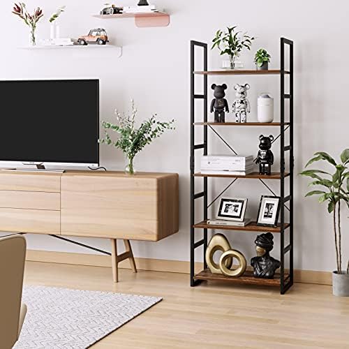 5 Tier Industrial Bookshelf, Modern Storage Shelf Organizer Wood Look Bookcase, Metal Frame Shelving Unit for Bedroom, L