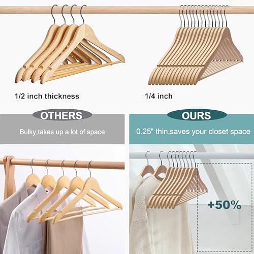 Quality Hangers 16.5" Wooden Hangers Multi Pack, Ultra Thin Space Saving Natural, 360 Degree Swivel Hook, Best for Shirt
