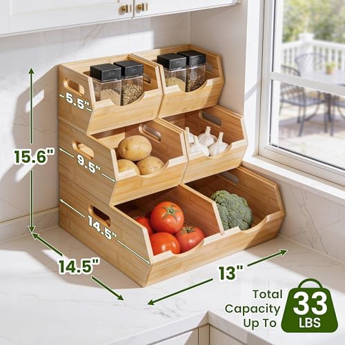 HOMESTEAD 3-Tier Bamboo Pantry Storage Bins – Stackable Potato & Onion Storage Bin with Handles, Fruit Basket & Produce 