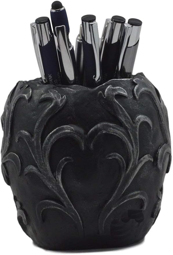 Ebros Gift Set Of 2 Tribal Tattoo Floral Skull Pen Holder Figurine 5.75" L Office Desktop Ossuary Skulls Decor Cranium Skeleton Head Stationery Holder As Halloween Macabre Graveyard Spooky Statue