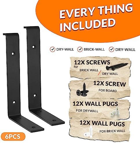 BATODA 10” Shelf Brackets with Lip (Match 9.25" Board) - 6 Pcs Z Shelf Bracket Black - Heavy Duty Hook Brackets for Shel