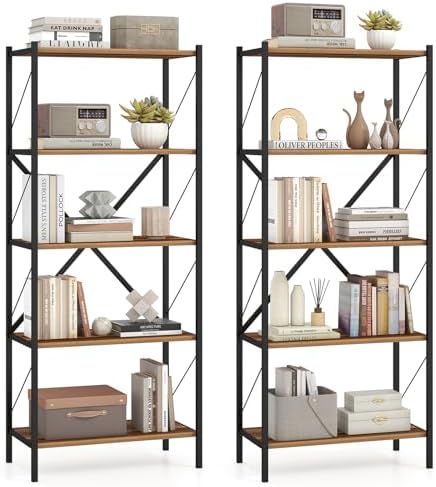GIANTEX 5-Tier Tall Bookshelf Set of 2, Industrial Bookcase with Heavy-Duty Metal Frame, Modern Storage Book Shelf, Open