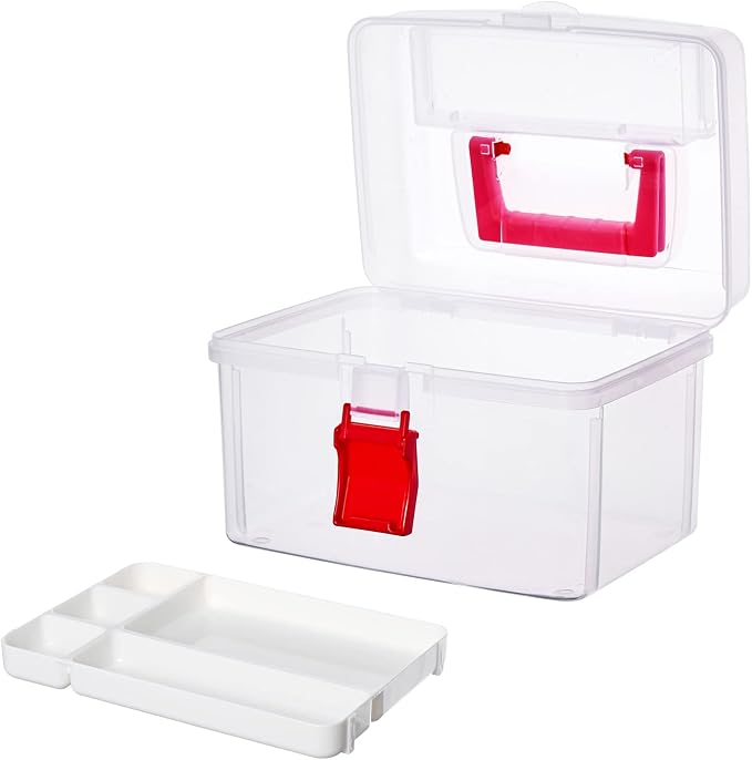 MyGift 10 Inch Premium Clear First Aid Bin with Detachable Tray and Quick Access Top Lid Flap, Portable Emergency Kit, Medical Supply Travel Tote, Medicine Storage Box Container (Red)