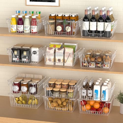Slideep Large Stackable Storage Baskets Cabinet Organizer Sturdy Metal Wire Pantry Freezer Bin for Pantry Home Bathroom 