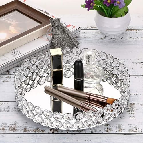 Hipiwe Crystal Make up Tray, Mirror Perfume Tray Bathroom Storage Trays Jewelry Trinket Trays Vanity Cosmetic Organizer 