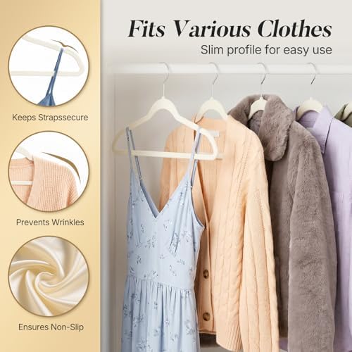 HOUSE DAY Ivory Velvet Hangers 50 Pack, Non Slip Clothes Hangers 17.25 inch