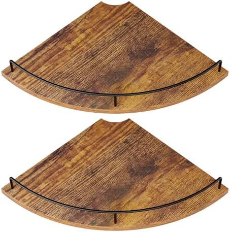 Corner Floating Shelves, Rustic Brown Wood, Set of 2, Wall Mount Storage with Guardrail for Bathroom Kitchen Living Room