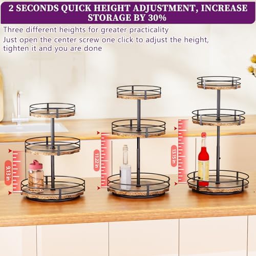 Heavy-Duty 3-Tier Lazy Susan Organizer, Adjustable to Different Heights, Countertop Spice Rack, Upgraded Thickened Woode