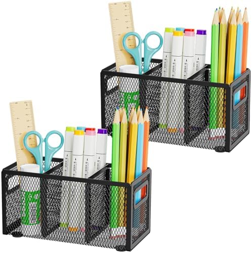 Marbrasse Mesh Pen Holder for Desk, Pencil Holder Desk Organizer 3 Adjustable Compartments, Pencil Cup with Handle Perfect for Classroom, Office, Home, Makeup, Art (Black-2P)