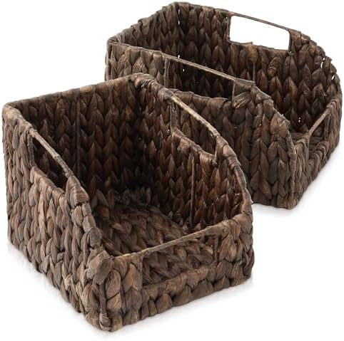 Casafield Set of 2 Water Hyacinth Pantry Baskets with Handles - Espresso, Woven Storage Bin Organizers for Kitchen Shelv