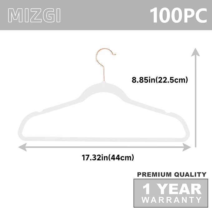 MIZGI Premium Velvet Hangers 100 Pack Heavy Duty - Non Slip Felt Hangers - White - Rose Gold Swivel Hooks,Space Saving Clothes Hangers,Durable Strong Hangers for Suits,Coats,Dress