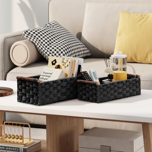 Vagusicc Wicker Storage Basket, Set of 2 Hand-Woven Paper Rope Wicker Basket for Organizing with Handle Decorative Stora