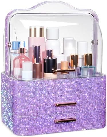Honeydak Rhinestone Makeup Organizer with 2 Drawers Lid, Purple, Rhinestone