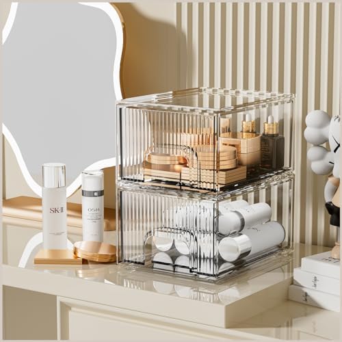 ZHIAI 2 Pack Clear Stackable Cosmetic Organizer, Acrylic Drawer, Plastic Organizer for Dresser, Vanity, Kitchen Cabinet,