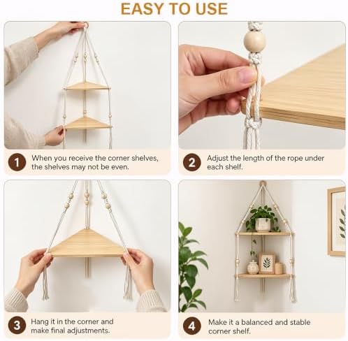2 Tier Corner Shelf Macrame Wall Hanging, Boho Rustic Wood Storage Holder