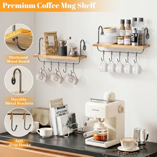 Olakee Floating Wall Shelves for Kitchen Bathroom Coffee Nook with 10 Adjustable Hooks for Coffee Mugs, Coffee Bar Organ
