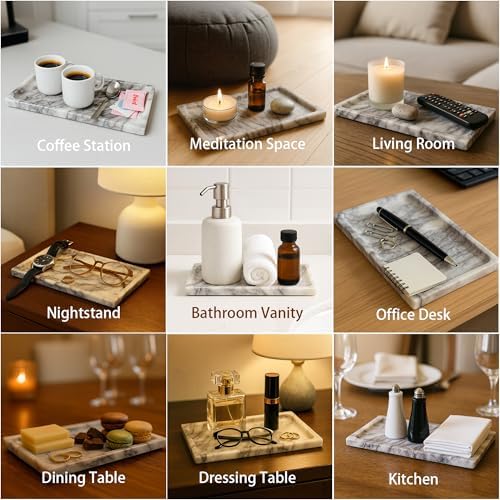 White Marble Vanity Tray – 10.63"x5.91" Rectangular Natural Stone Organizer for Bathroom Perfume Makeup Jewelry Dresser 