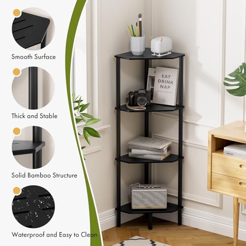 Corner Shelf Stand, 4 Tier Corner Bookshelf, Bamboo Storage Standing Shelf Unit, Tall Storage Plant Stand,Bookcase for L