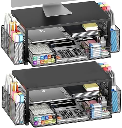 OPNICE Desk Organizer and Accessories, 2-Tier Computer Monitor Stand Riser with Drawer and 2 Pen Holders, Laptop Stand, 