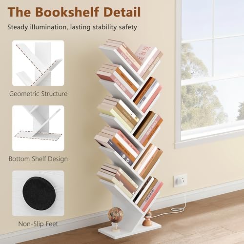 Hoctieon 10 Tier Tree Bookshelf with LED Lights, Small Bookcase, Freestanding Book Shelf, Display Floor Standing Storage