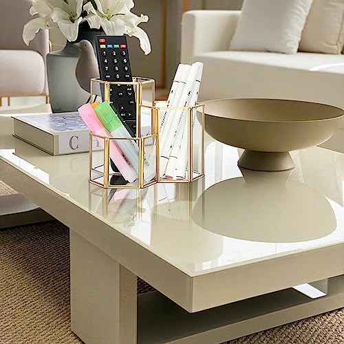 Hipiwe Glass Makeup Brush Holder 3 Slot Gold Desktop Pen Pencil Pot Cup