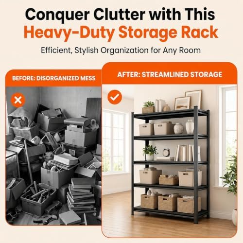 5-Tier Metal Bookshelf, Adjustable Tall Bookcase, 73" H Storage Shelf