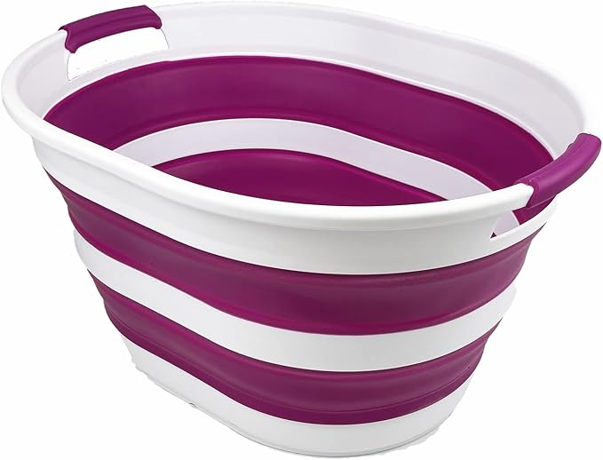 SAMMART 23L (6 Gallons) Collapsible Plastic Laundry Basket - Oval Tub/Basket - Foldable Storage Container/Organizer - Portable Washing Tub - Space Saving Laundry Hamper (White/Purple)