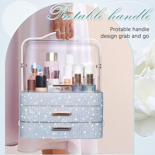 Honeydak Rhinestone Makeup Organizer with 2 Drawers Lid, Silver, Rhinestone