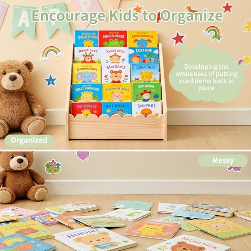 5 Tier Scalloped Bookshelf for Kids, Montessori Bookcase, Natural