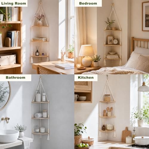 Artilady Macrame Corner Shelf Wall Hanging 3-Tier Adjust Boho Storage Decor