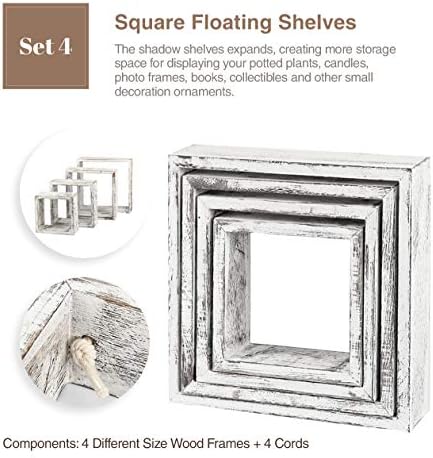 J JACKCUBE DESIGN Floating Hanging Square Shelves Wall Mounted Rustic Wood Cube Display Shelf Shadow Boxes Decorative Boho Home Décor for Living Room, Bedroom, Office, Set of 4 (White) - MK571C