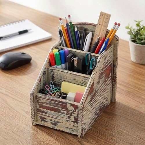 MyGift Torched Wood Remote Control Holder, 3-Compartment Tabletop Organizer