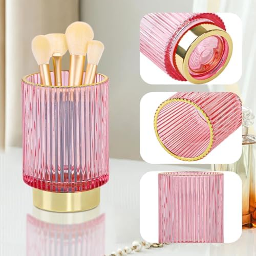 Glass Makeup Brush Holder Organizer, Gold Toothbrush Holders for Bathroom, Pink Makeup Brush Holder Cup for Vanity, Desk