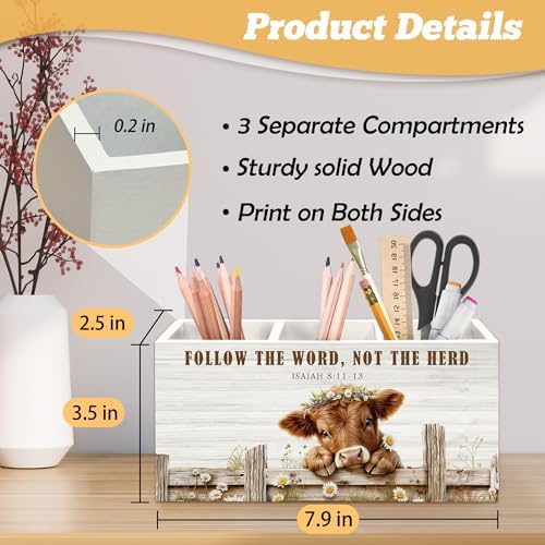Farmhouse Highland Cow Christian Pen Holder Organizer for Desk Accessories, Highland Cow Gifts, Isaiah 8:11-13 Bible Verse Religious Wooden Box Sign Desk Decorations for Home Office Decor