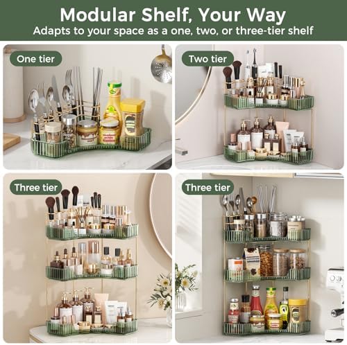 BEFSOP Corner Bathroom Counter Organizer, Upgraded 2-Tier Makeup Organizer Countertop with Makeup Brush Holder, Skincare