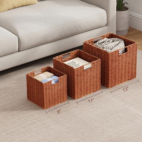 Vagusicc Wicker Storage Basket, Set of 2 Hand-Woven Paper Rope Wicker Basket, Foldable Cube Storage Bins, 9 inch Square 