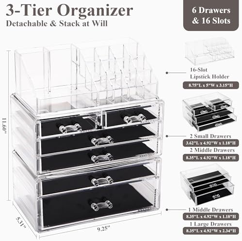 Sea Team 3-Tier Stackable Clear Acrylic Makeup Organizer with Drawers