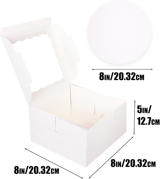 qiqee White 8"x8"x5" Cake Box 36Pcs, 8" White Cake Round Boards 36Pcs, for Cake, Treat Cookie Dessert, Birthday Party
