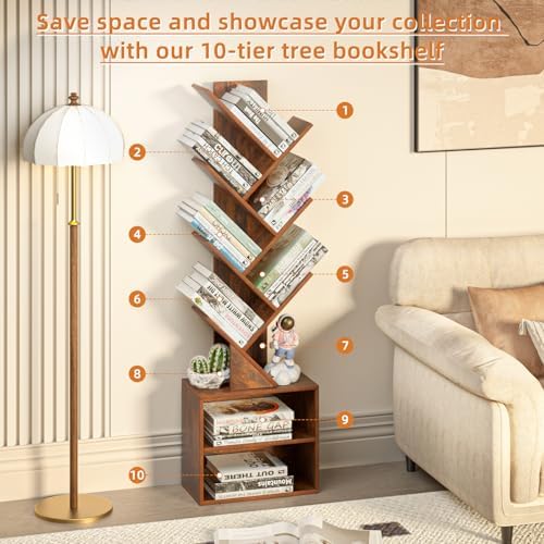 SHEEPAM 10-Tier Tree Bookshelf Floor Standing Narrow Space Storage Bookcase