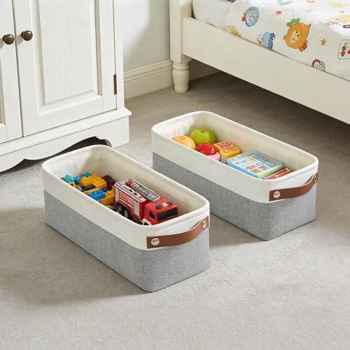 Bagnizer Small Fabric Storage Baskets, 15x6x5 inch Narrow Storage Bins 4-Pack Long Storage Basket for Organizing with Ha