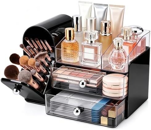 Makeup Organizer with Brush Holder for Vanity, Large Cosmetic Display Cases with 2 Drawers, Skincare Organizer for Bathr