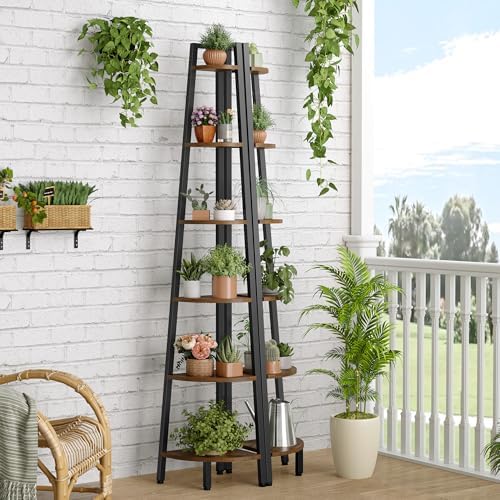 Hoctieon Corner Shelf, 6-Tier Corner Bookshelf, Rustic Ladder Shelf, Industrial Display Stand for Living Room, Kitchen, 