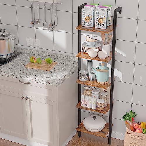 YMYNY 5 Tiers Ladder Bookcase, Industrial Wall Mounted Bookshelf, Open Display Rack with Metal Frame, Wooden Storage She