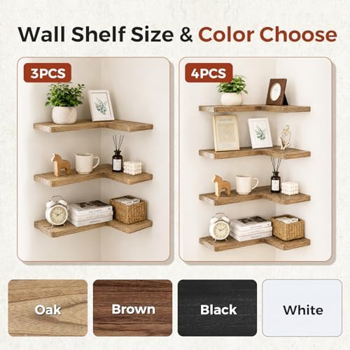 Solid Wood Corner Floating Shelves, L-Shaped, Oak, Set of 4