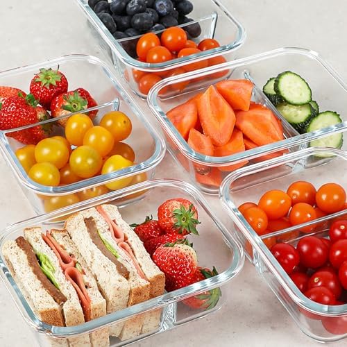 KOMUEE 30 oz 5 Pack Glass Meal Prep Containers 2 Compartments, Green