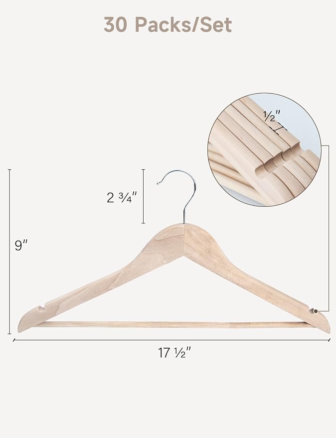 StorageWorks Clothes Hanger 30 Pack, Wooden Coat Hangers for Shirts, Jackets, Pants, Suits, Sweaters, Lotus Wood