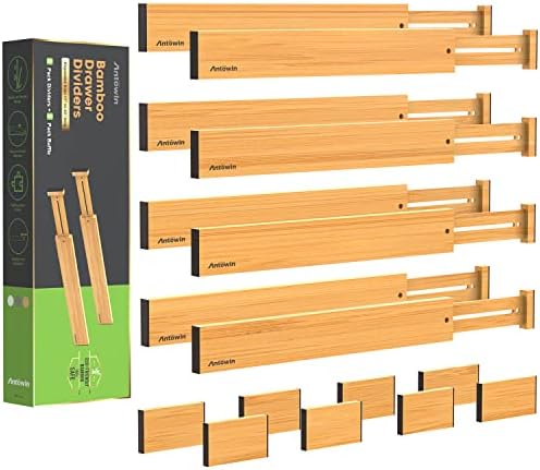 ANTOWIN Bamboo Drawer Dividers Organizers 16pcs, Expandable Drawer Separators Splitter, 17-22 inches Long Adjustable Spr